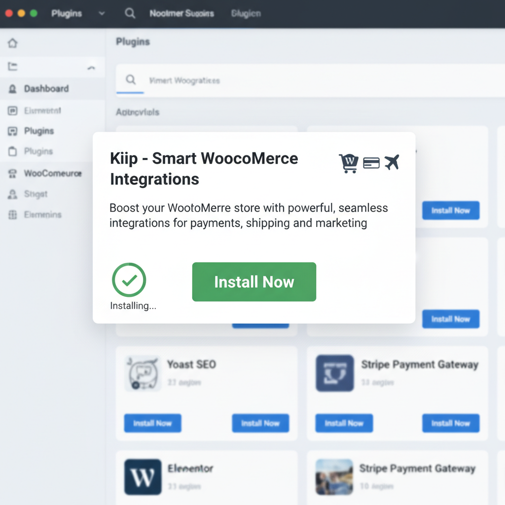 WordPress plugins page installing Kiip plugin, green install button, WooCommerce integration icons