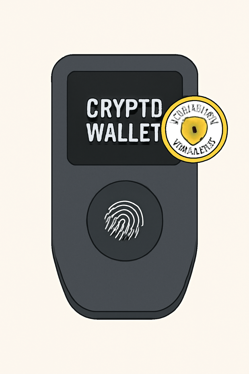 a modern hardware crypto wallet device, sleek design, with biometric fingerprint scanner and quantum-resistant badge, on a clean background