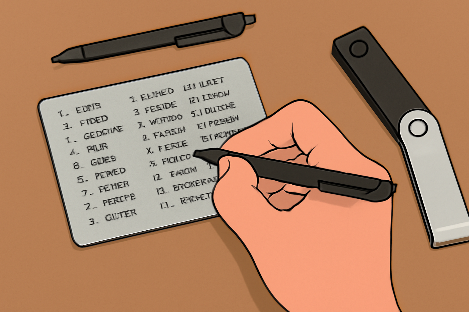 hand writing a 24-word recovery phrase on a metal backup plate, with a hardware wallet and pen nearby, no phones or cameras in sight