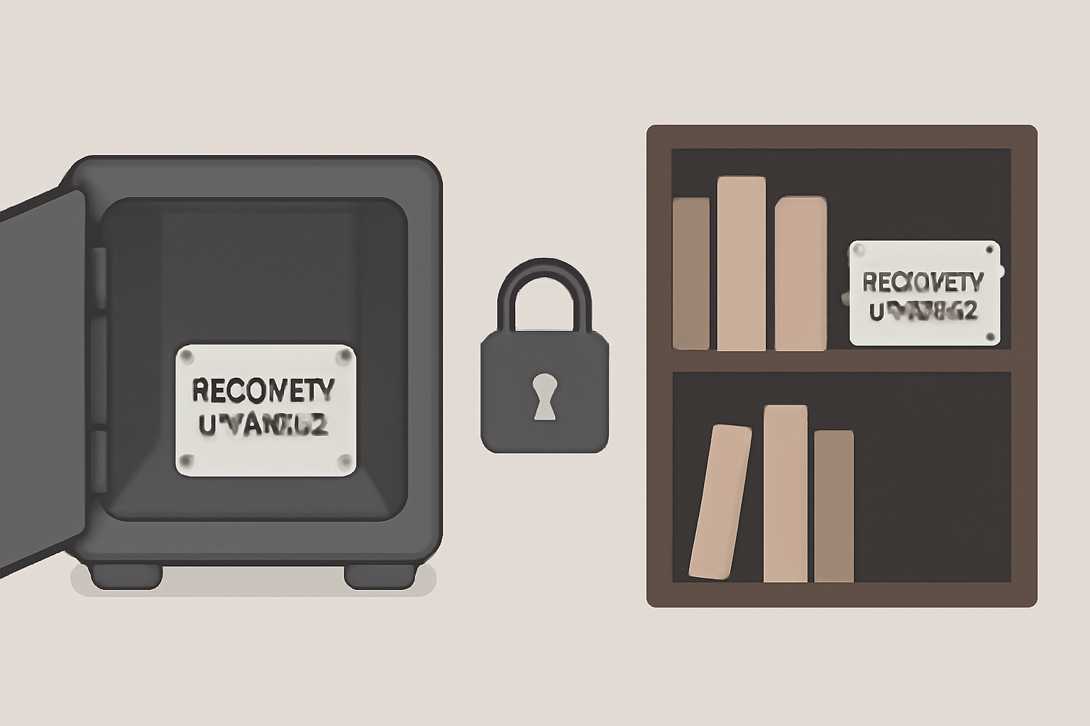 a locked safe with a metal recovery phrase plate inside, another backup hidden in a bookshelf, emphasizing secrecy and security