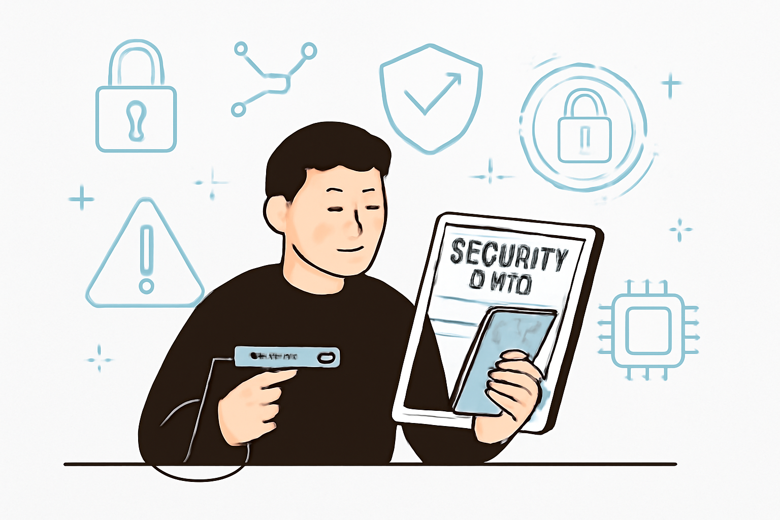 person updating hardware wallet firmware, reading security news on a tablet, surrounded by futuristic digital security icons