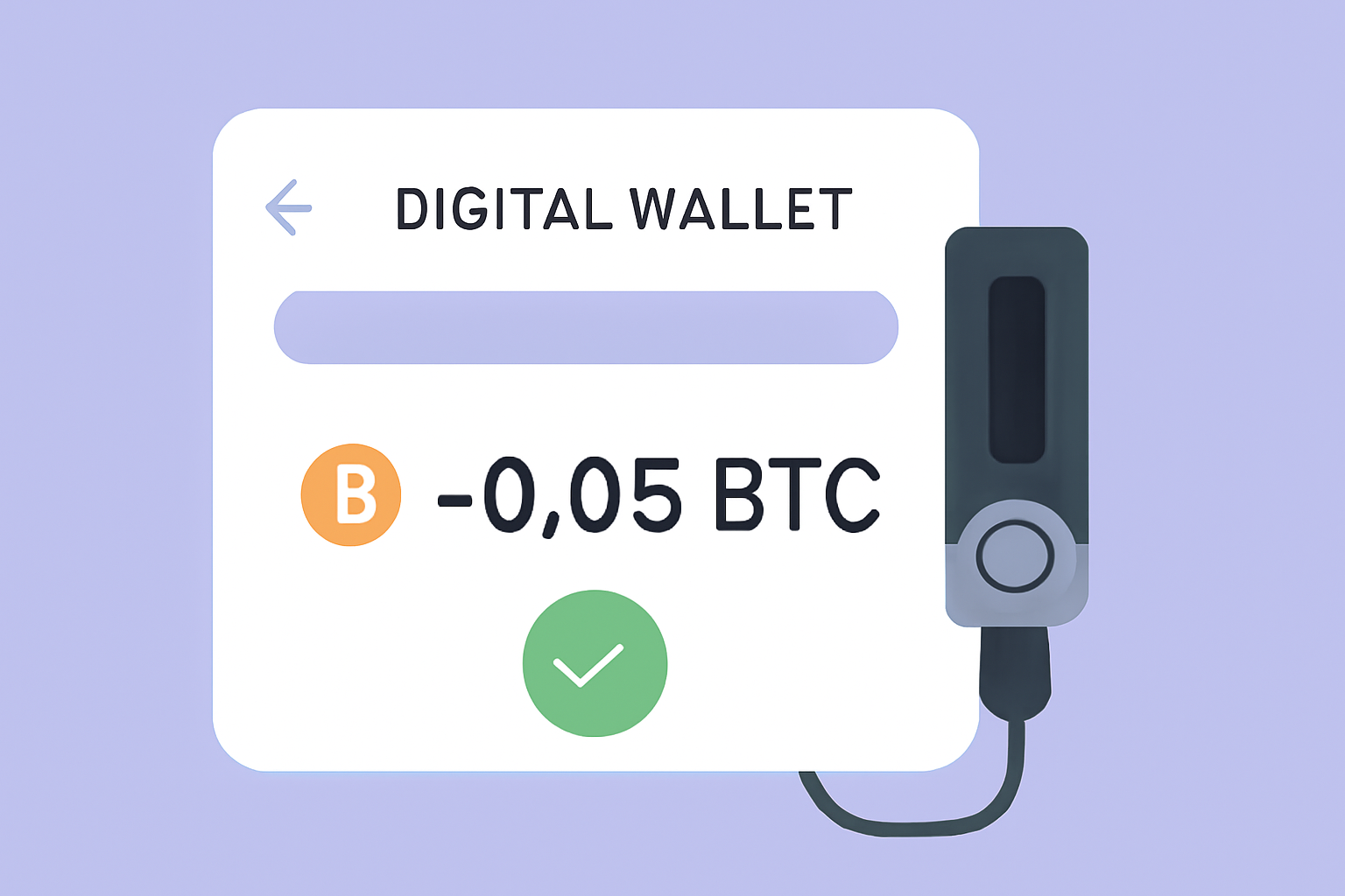a digital wallet interface showing a small Bitcoin transfer, with a hardware wallet connected and a 'success' checkmark