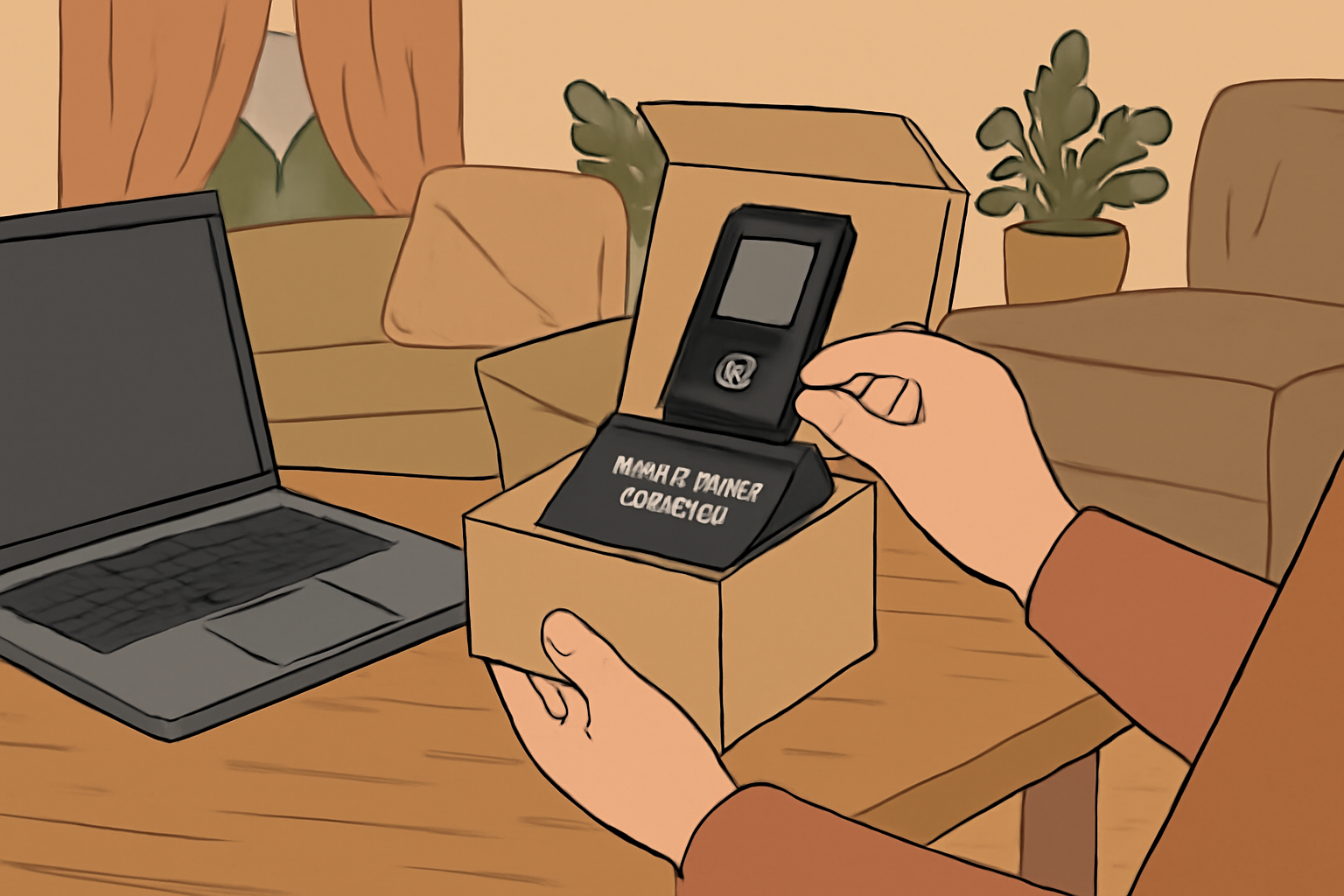 person unboxing a hardware wallet in a cozy, private home setting, with a laptop nearby but not connected to the internet