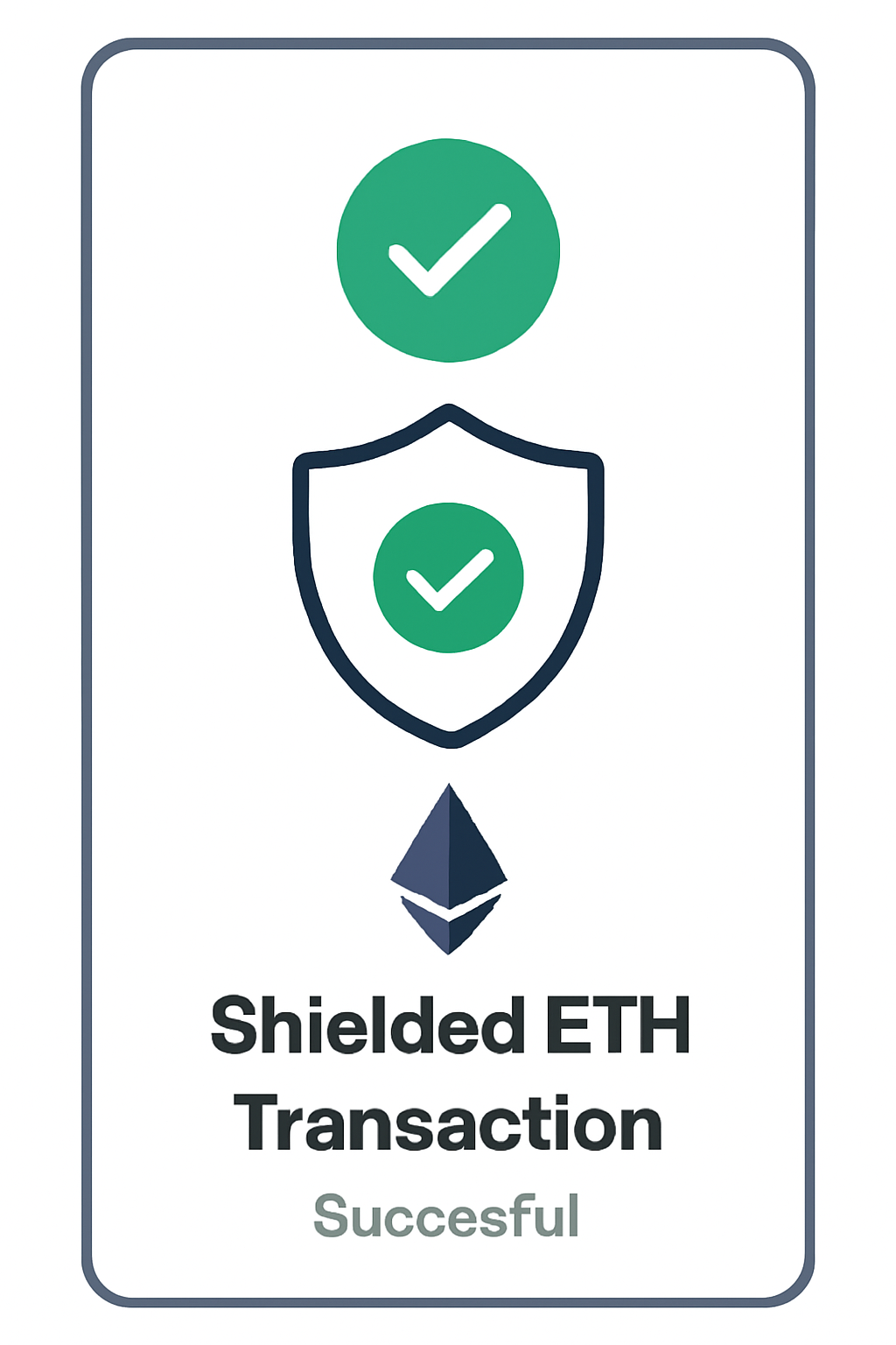 A confirmation screen in a wallet app showing a successful shielded ETH transaction, with a checkmark, privacy shield, and ETH logo.