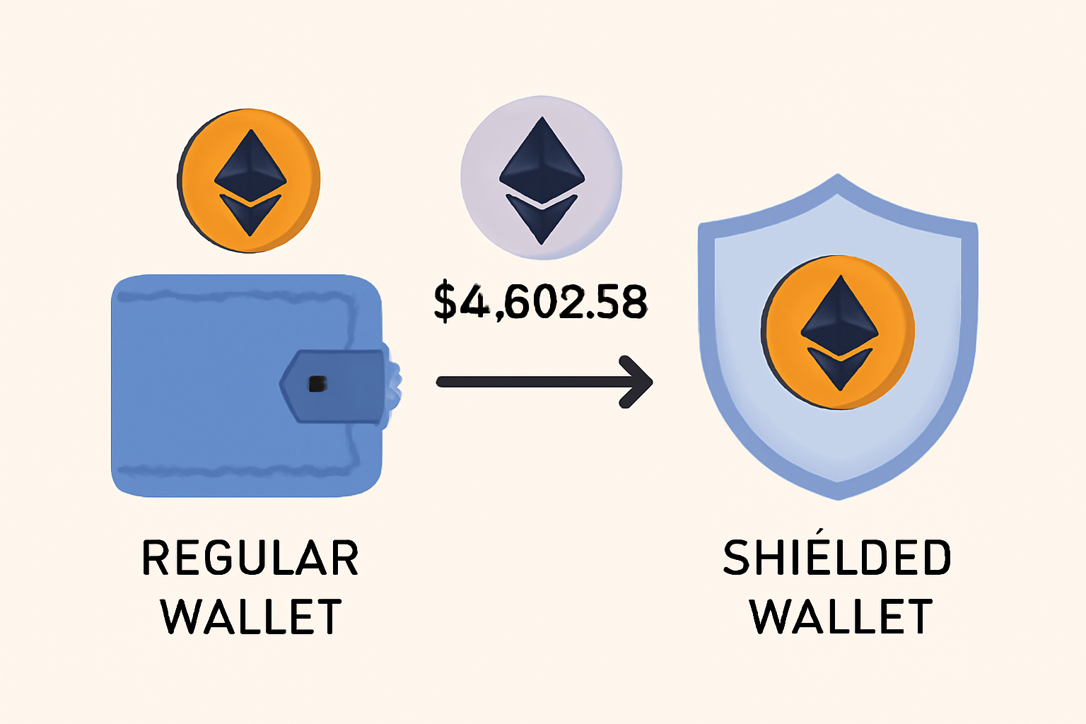 A digital transfer of ETH coins from a regular wallet to a shielded wallet, with price tag $4,603.58 shown next to the ETH symbol.