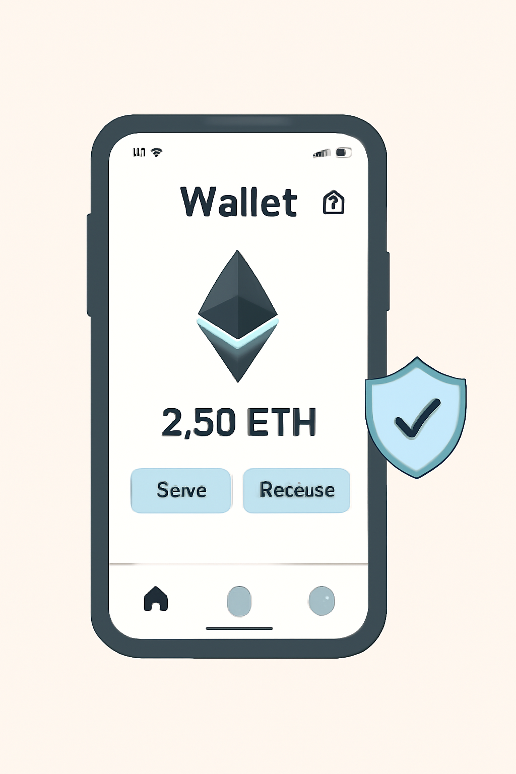A beginner-friendly Ethereum wallet app open on a smartphone, with privacy and shield icons visible, modern UI, simple and welcoming interface.