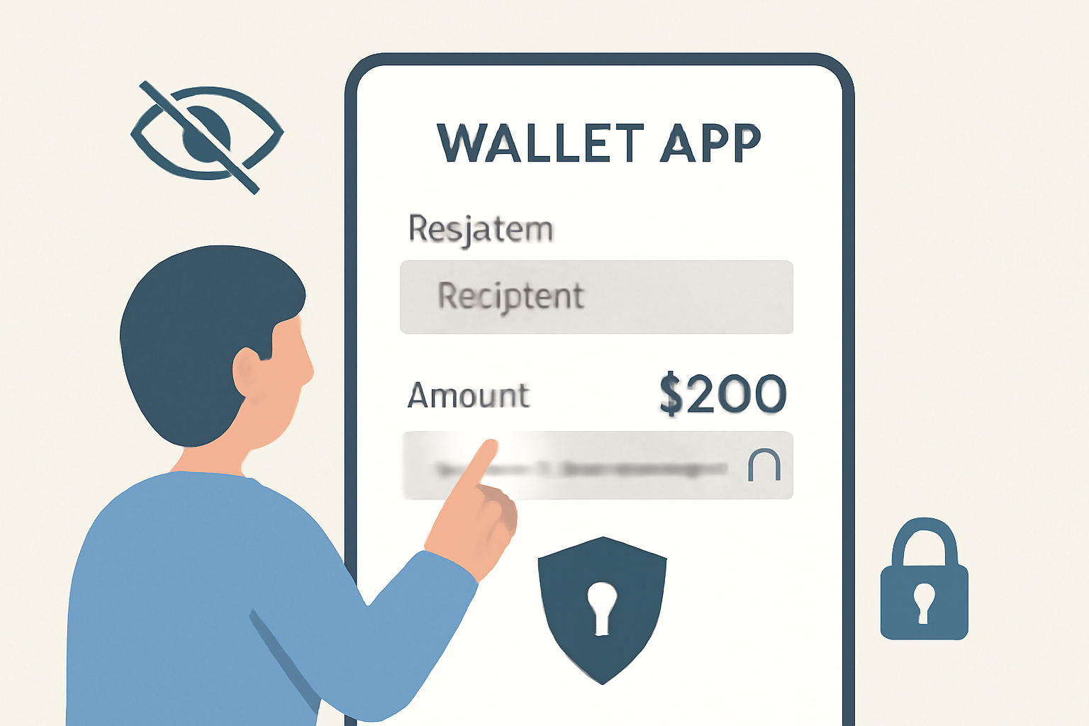 A user entering recipient details and amount in a wallet app, with privacy icons and blurred transaction details for visual privacy.