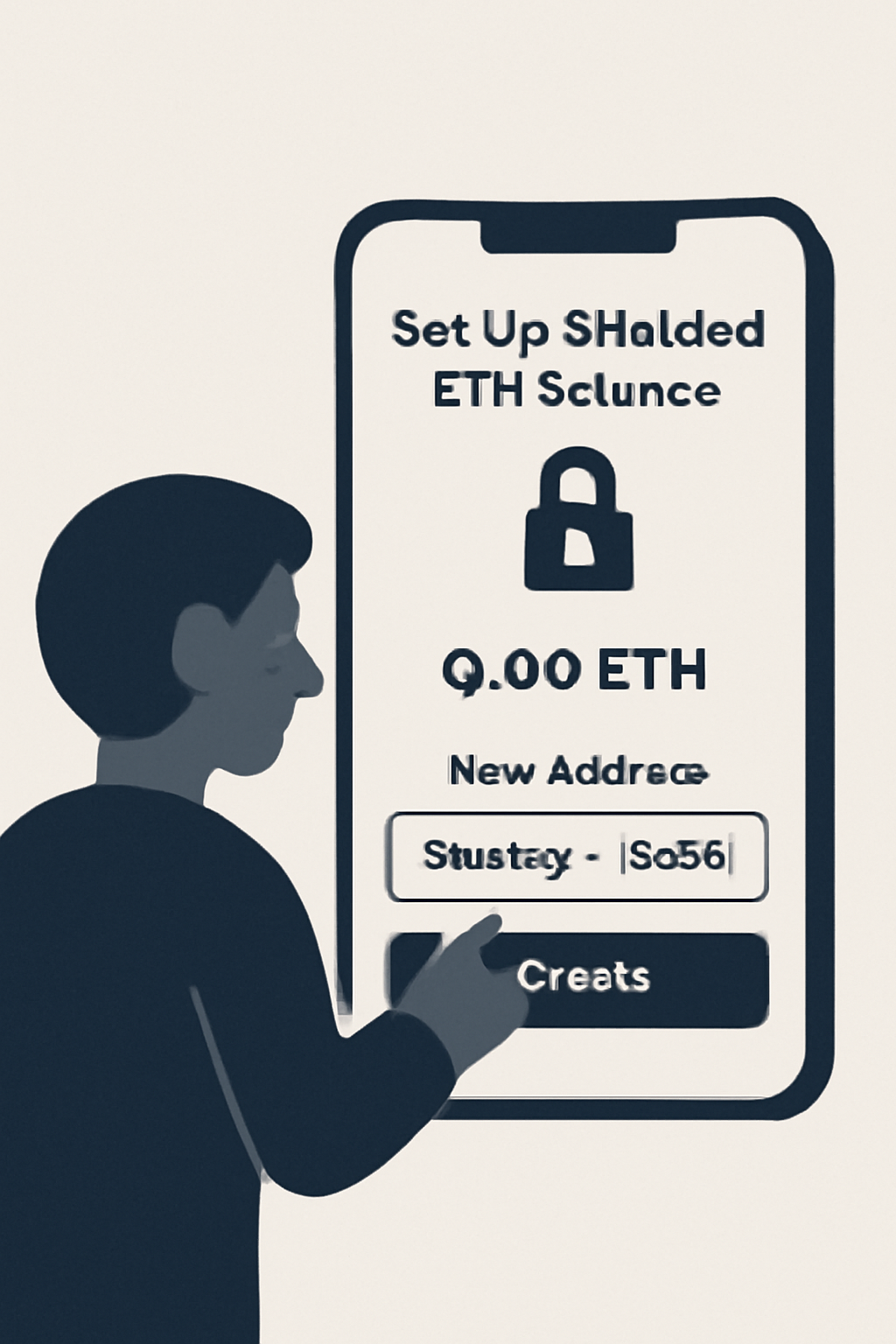 A user setting up a shielded ETH balance in a crypto wallet app, with a lock symbol and a new address being generated on screen.