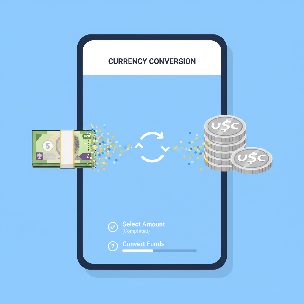 Naira bills transforming into USDC coins on app screen, smooth conversion animation style