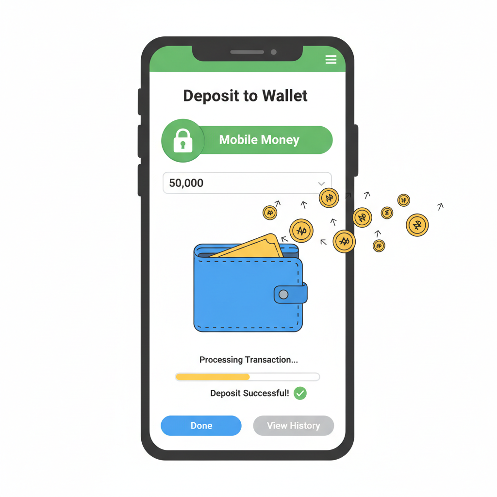 Smartphone screen showing mobile money deposit to fintech platform, Naira icons flowing in