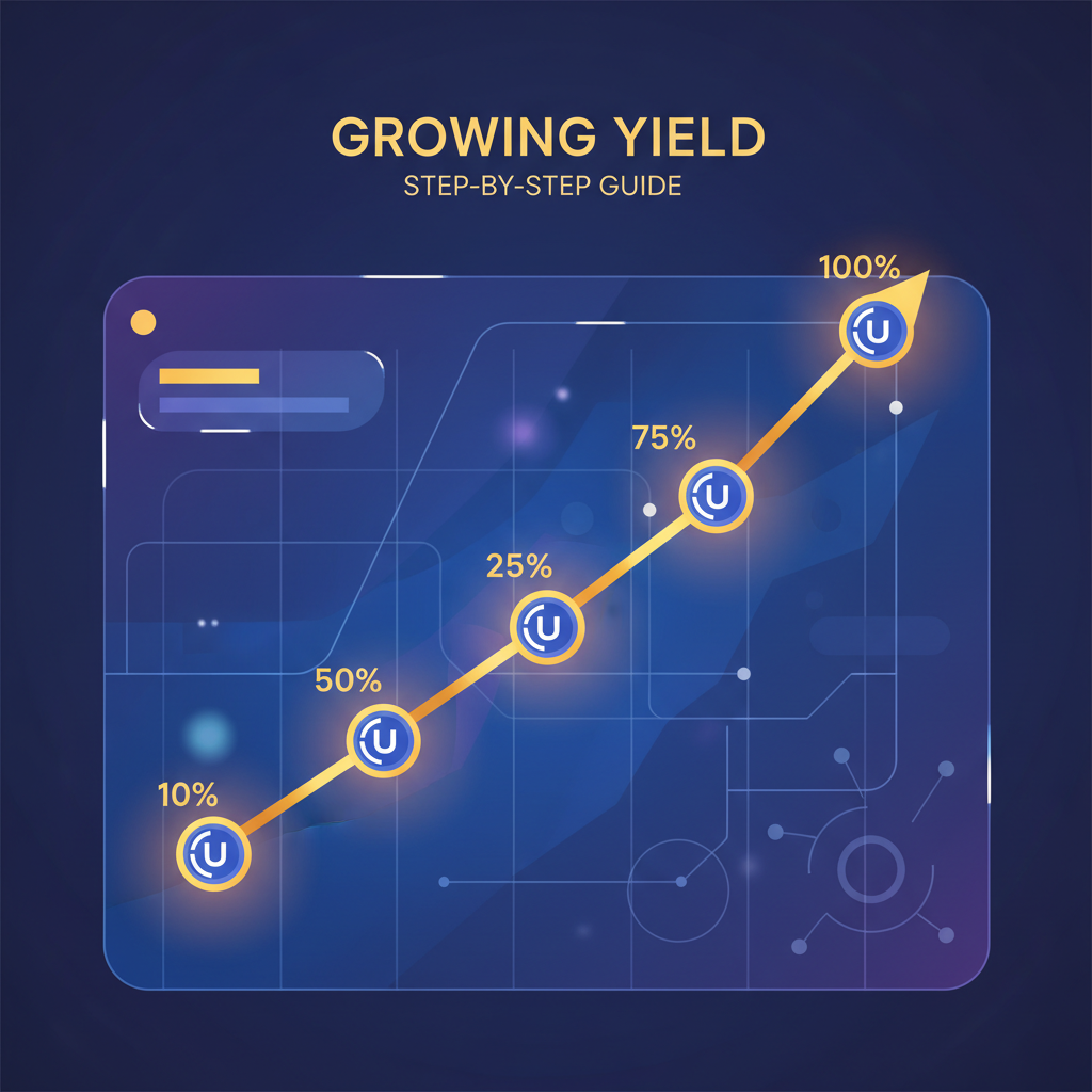 Growing yield graph with USDC icons and percentage signs, golden glow, futuristic dashboard