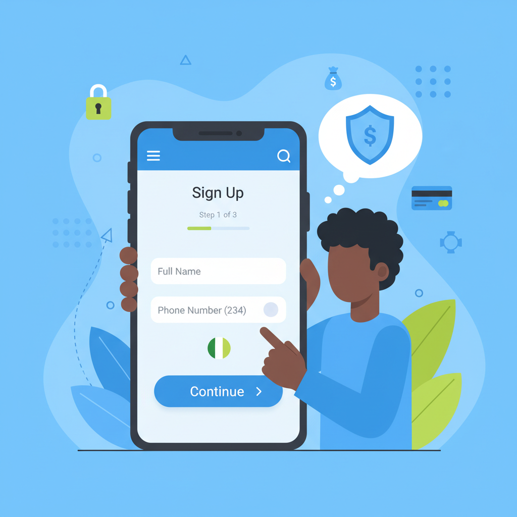 Nigerian user signing up on fintech app website on smartphone, vibrant blue and green colors, modern UI