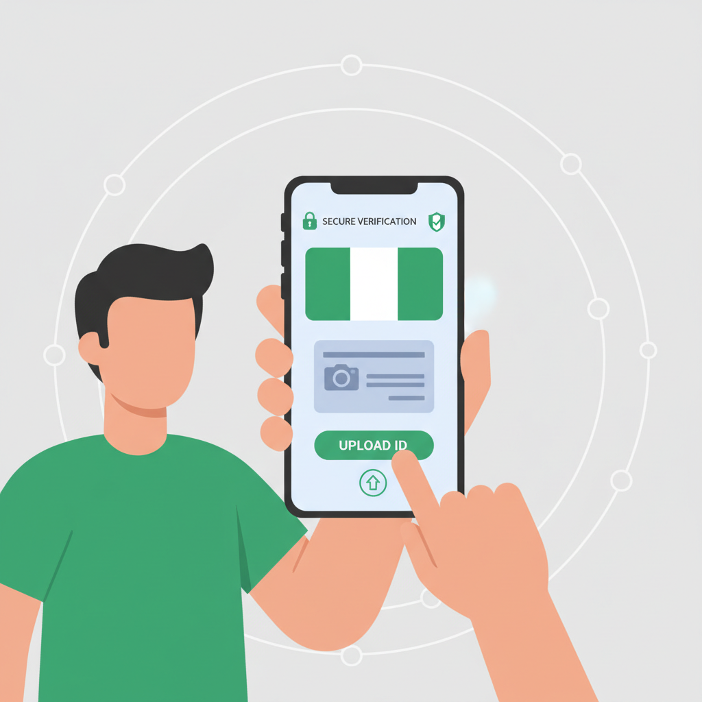 Person uploading ID document on mobile app, secure verification interface, Nigerian flag elements