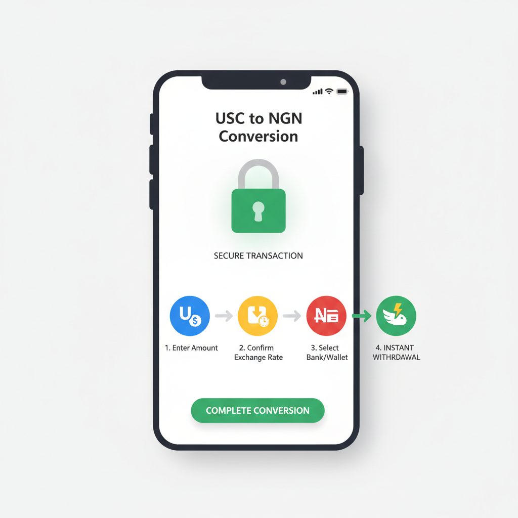 USDC converting back to Naira on phone, secure lock icon, quick withdrawal flow