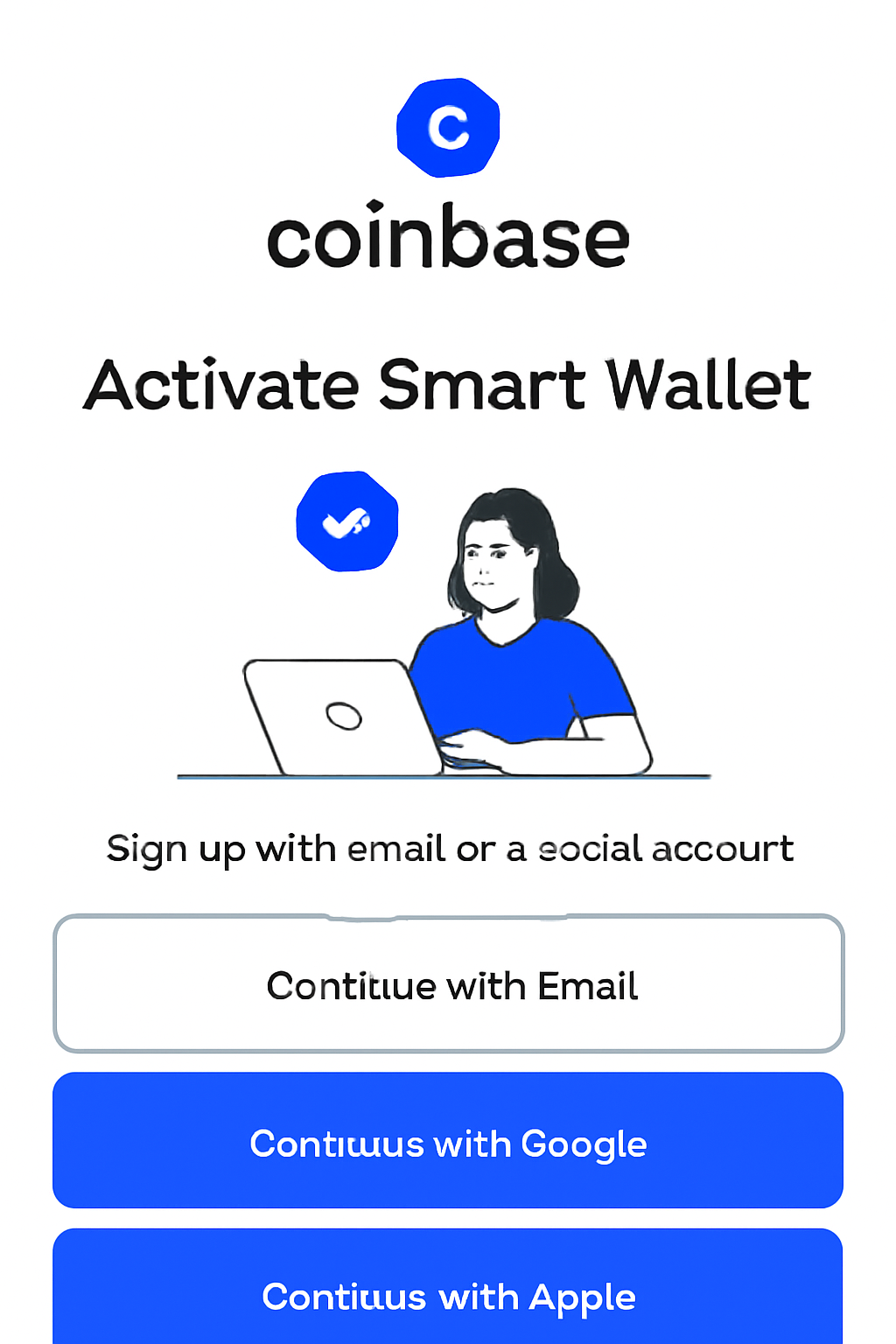 Coinbase Smart Wallet activation screen showing email and social login buttons, sleek interface, no seed phrase visible