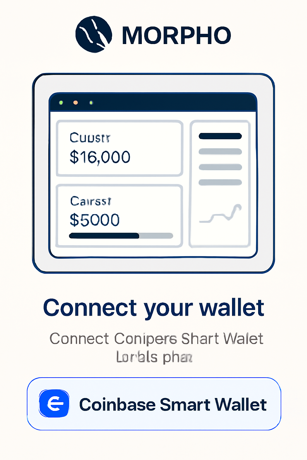 Morpho app connection screen with Coinbase Smart Wallet connector, DeFi dashboard preview, professional design