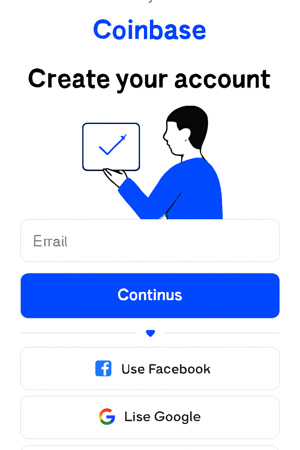 clean modern Coinbase account signup screen with email and social login options, blue theme, simple UI
