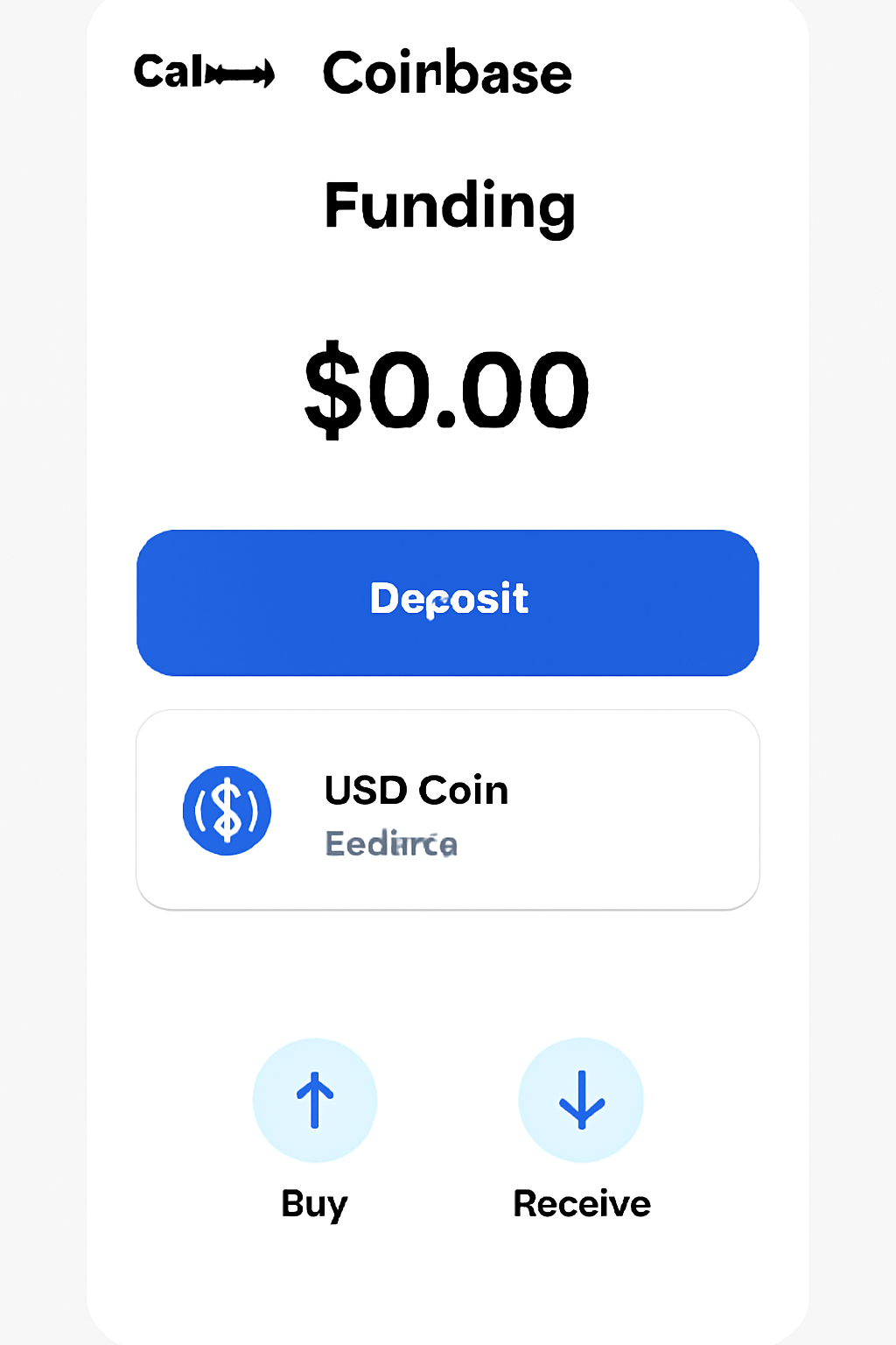 Coinbase wallet funding interface with USDC deposit option, showing balance screen, intuitive buttons