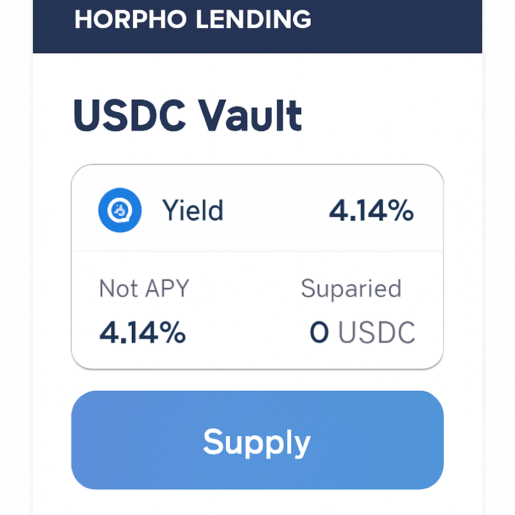 Morpho lending dashboard showing USDC vault selection, supply button, yield stats visible
