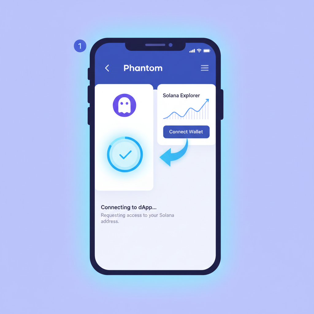 clean UI screenshot of Phantom wallet connecting to Solana dApp, futuristic AI glow, blue tones