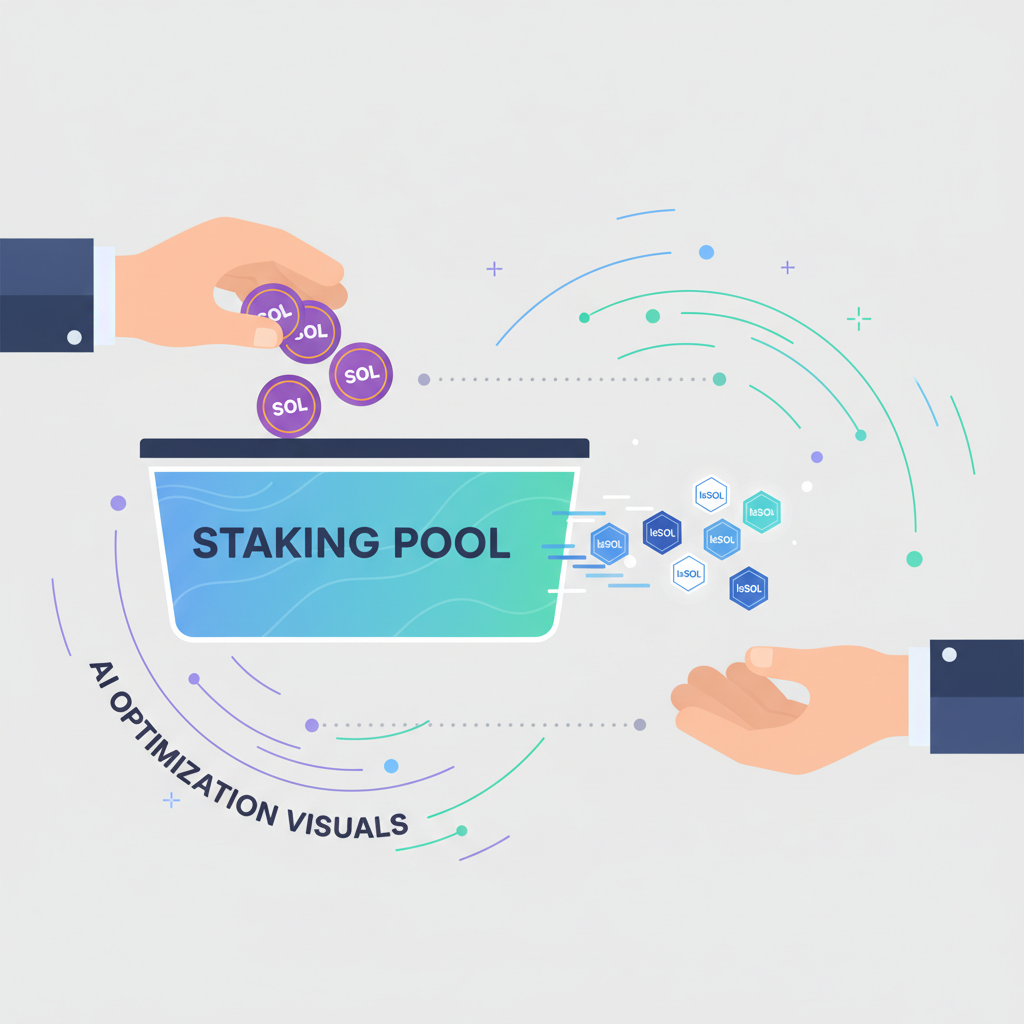 user depositing SOL coins into staking pool, lsSOL tokens emerging instantly, glowing AI optimization visuals