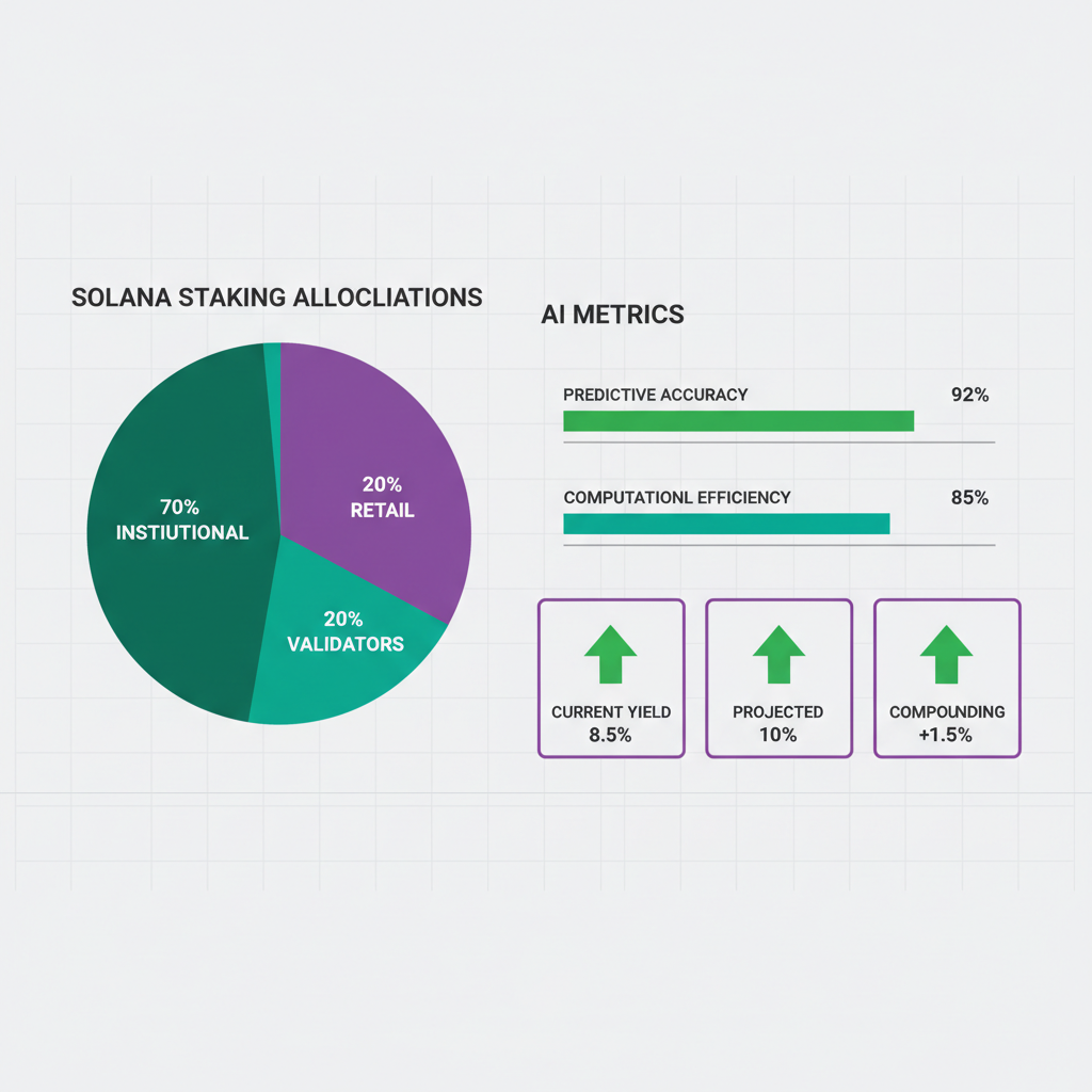 modern dashboard showing Solana staking allocations pie chart, AI metrics graphs, green yield indicators