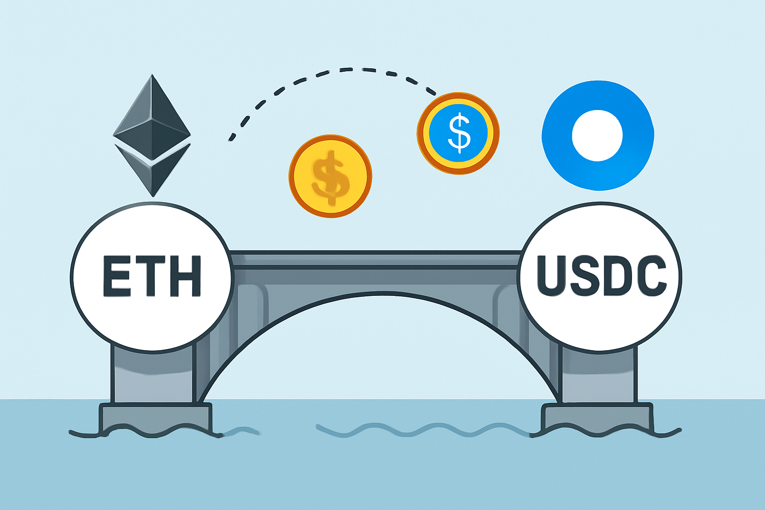 A digital bridge connecting Ethereum and Base logos, with ETH and USDC coins moving across, clean and modern style
