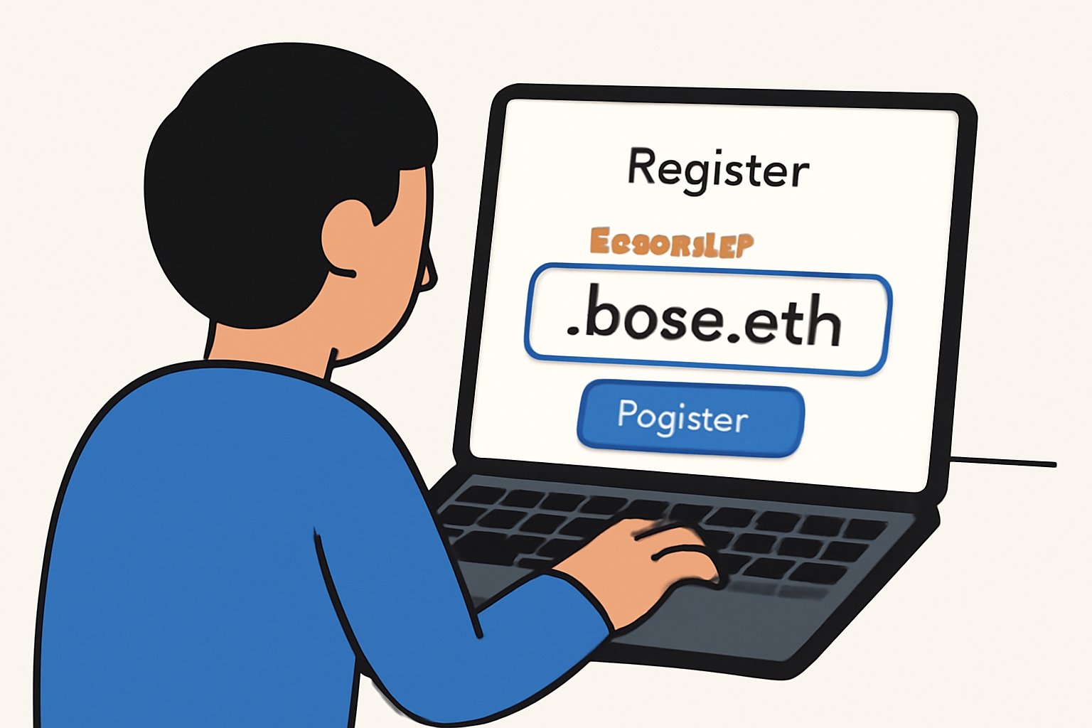 A person registering a Basename on a computer, with a .base.eth domain highlighted, clear and simple style