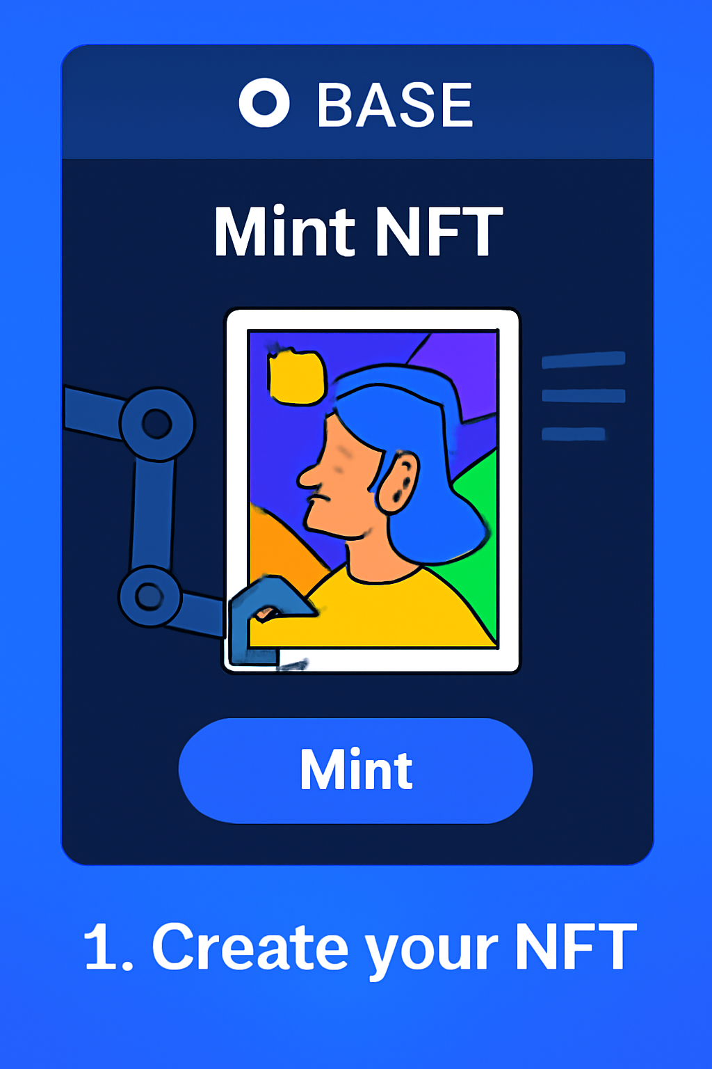 A digital NFT minting screen with Base branding, colorful NFT artwork being created, futuristic vibe