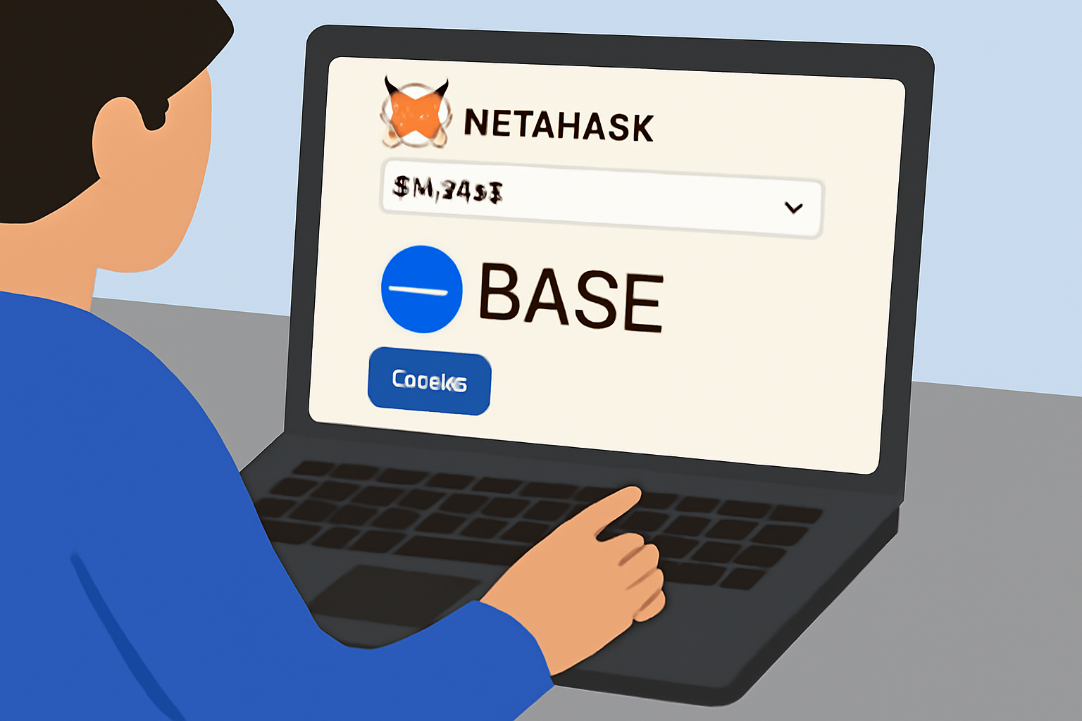 A person adding the Base network to MetaMask on a laptop, with a clear wallet interface and Base logo, digital art