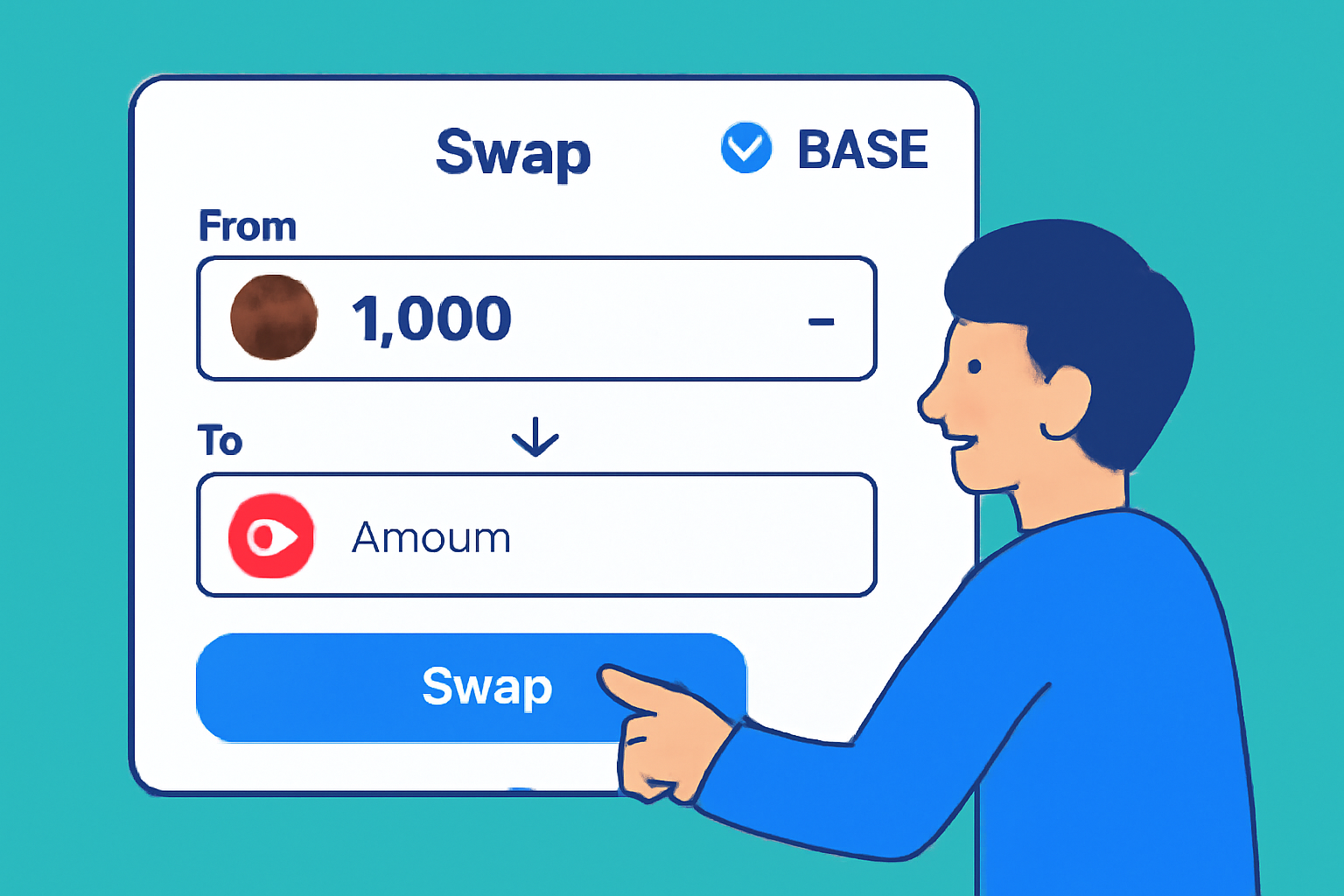 A user swapping tokens on a decentralized exchange interface, Base logo visible, vibrant and user-friendly design