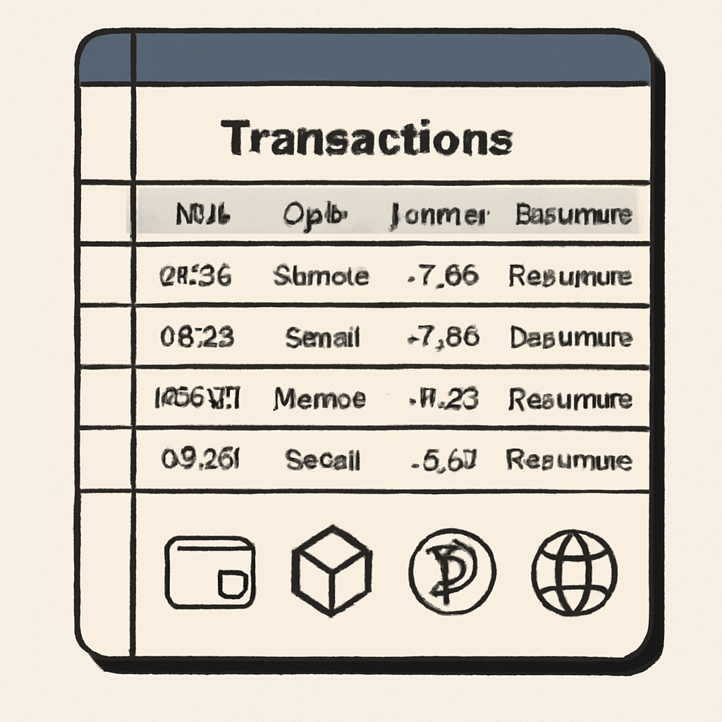 A digital notebook or dashboard with transaction records, Basename, and dApp icons, organized and neat