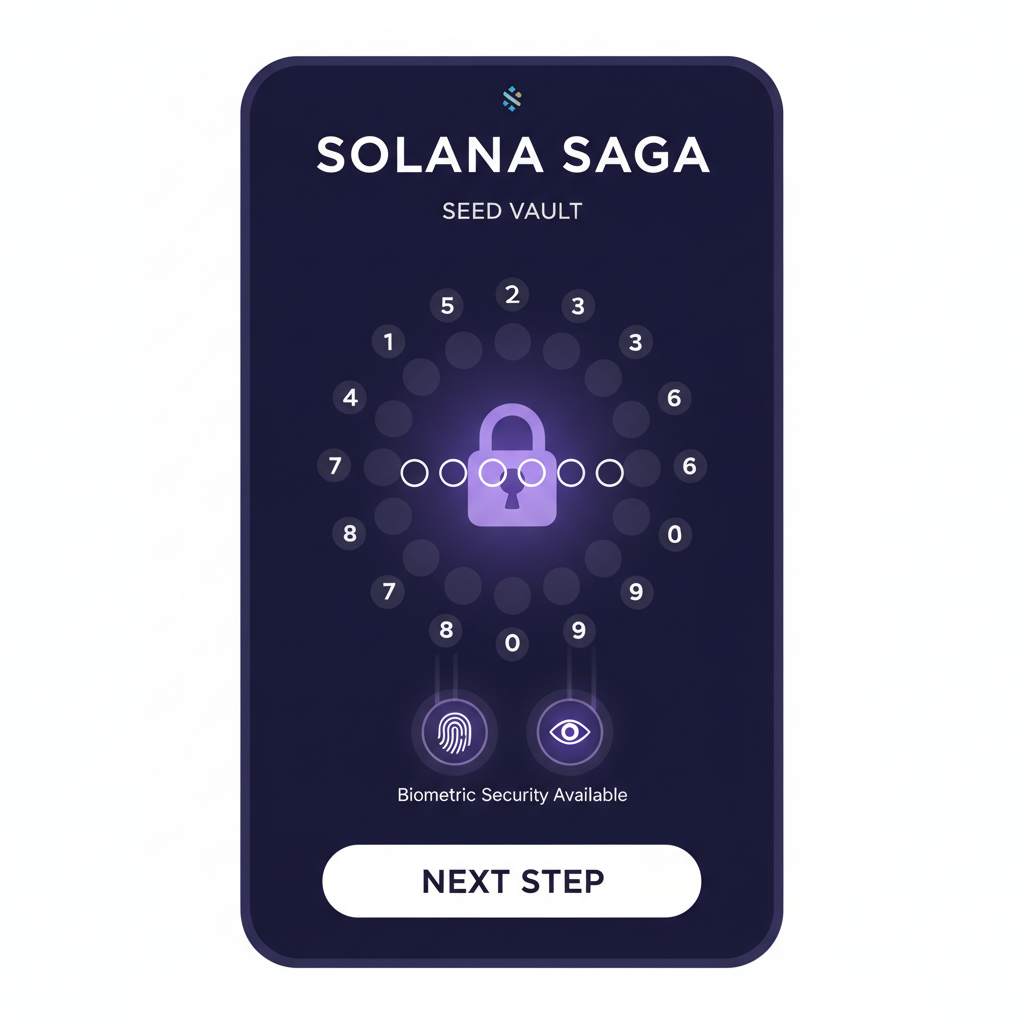Solana Saga Seed Vault PIN entry screen with obscured passcode input, biometric security hints