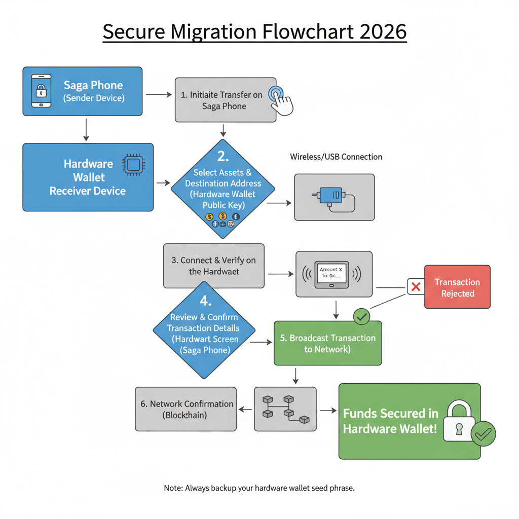 Transferring crypto from Saga phone to hardware wallet diagram, secure migration flowchart 2026