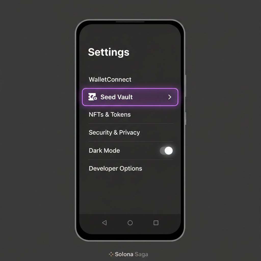 Solana Saga Settings menu screen showing Seed Vault option selected, dark mode crypto phone interface