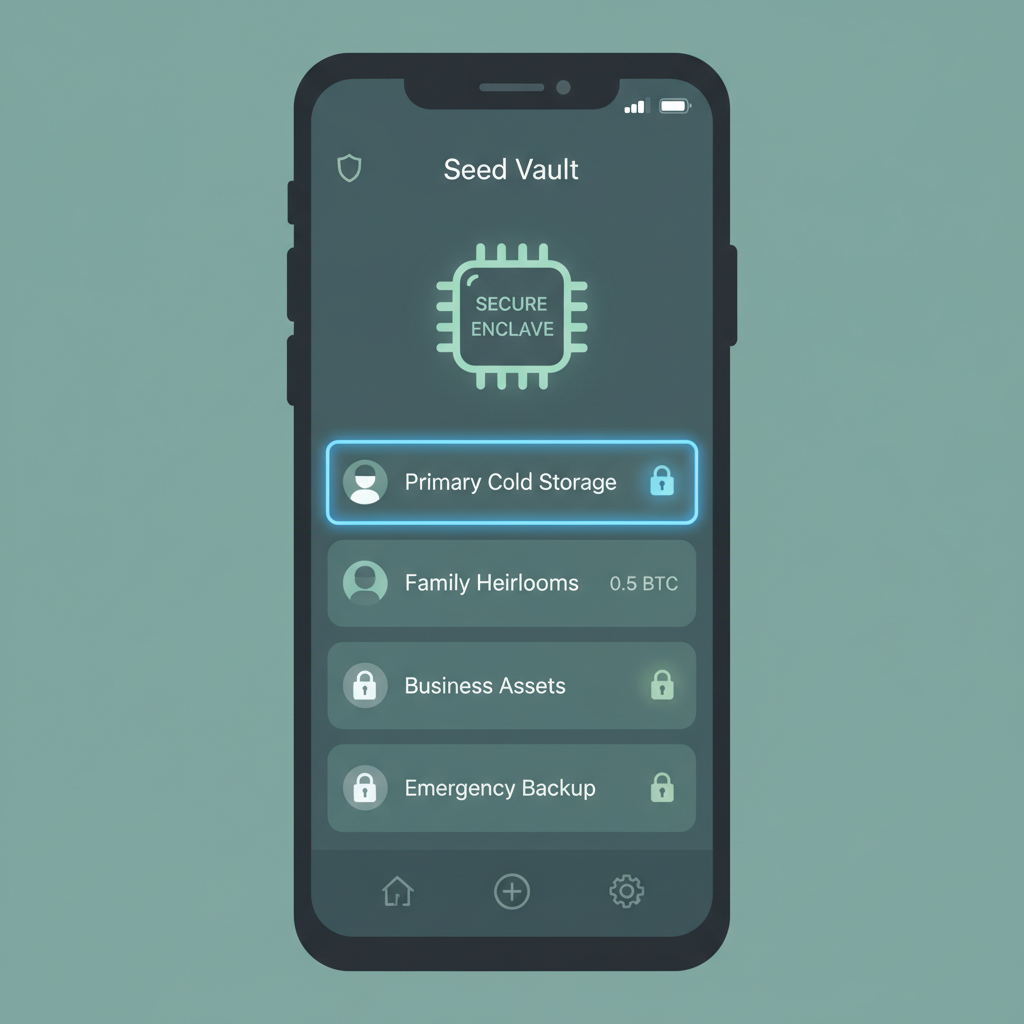Seed Vault app interface on Saga phone listing vaults, one highlighted, secure enclave design