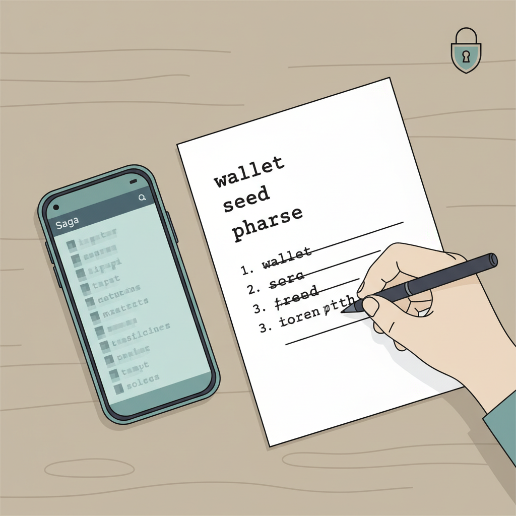 Person handwriting seed phrase on paper next to Saga phone displaying words blurred for security, focused secure backup scene
