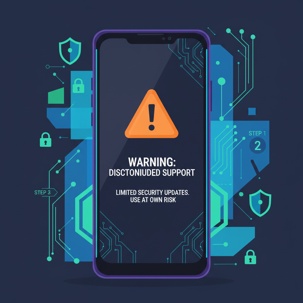 warning sign on Solana Saga phone with discontinued support message, futuristic crypto security theme