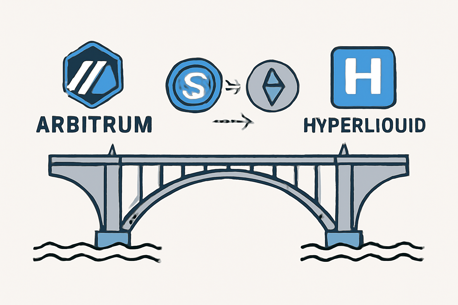 A bridge spanning between two blockchain icons labeled 'Arbitrum' and 'Hyperliquid', with USDC and ETH coins crossing