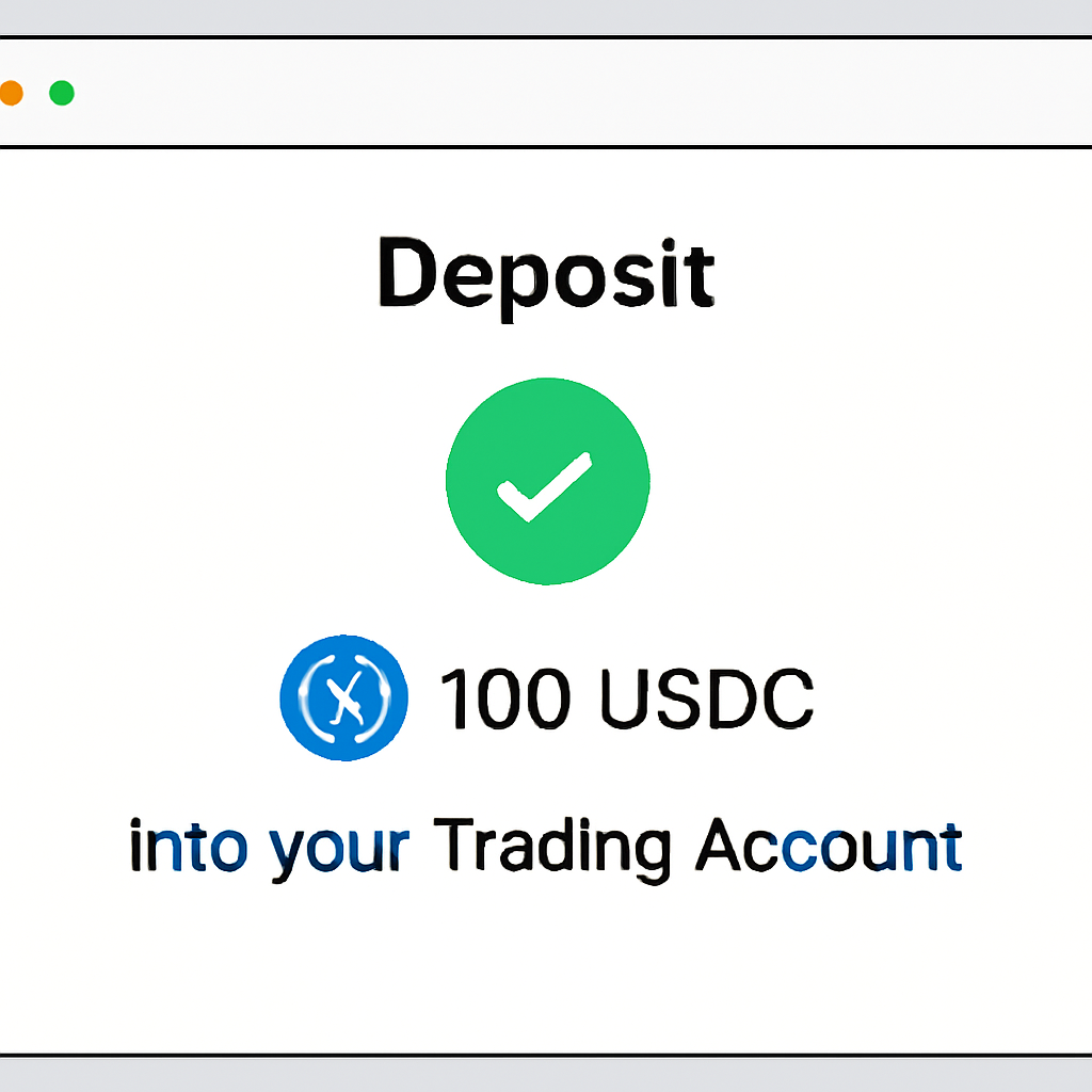 A digital dashboard showing a USDC deposit being made into a trading account, with confirmation checkmark