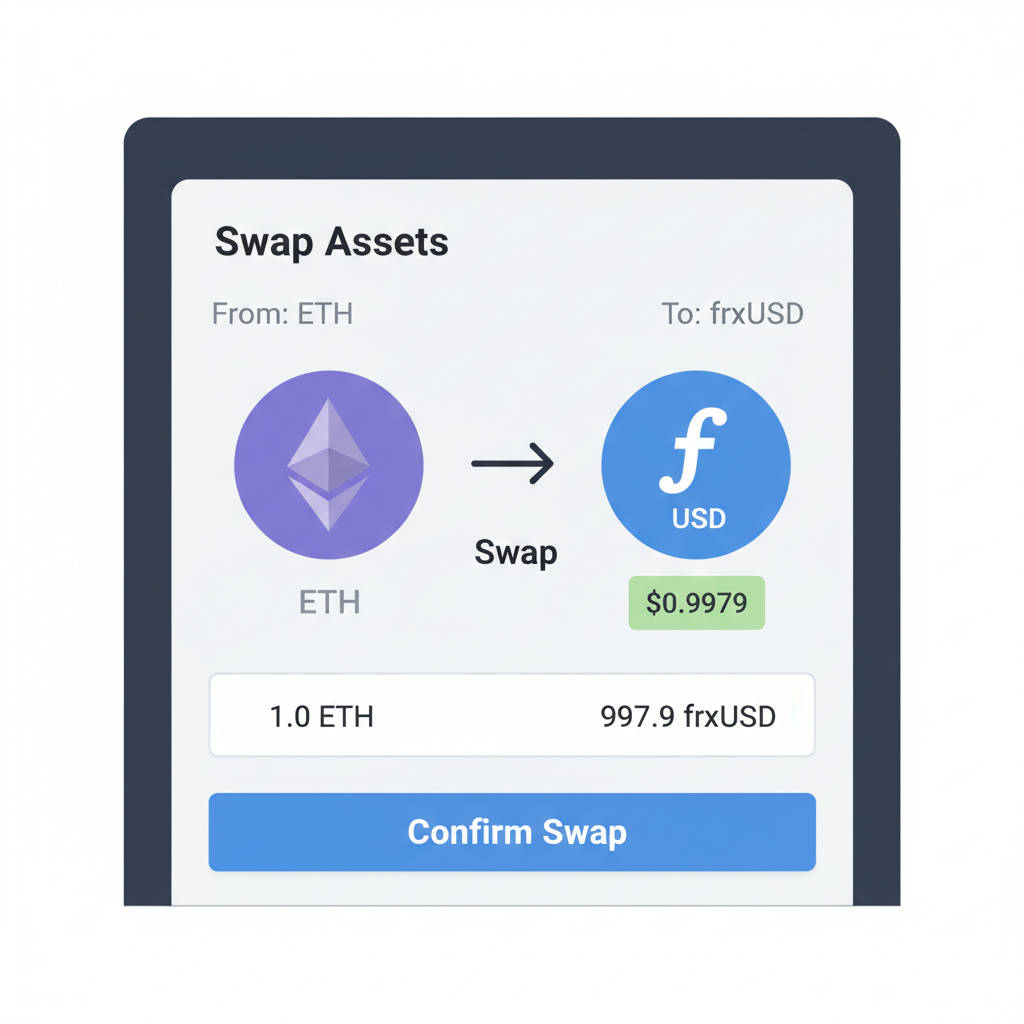 wallet interface showing ETH to frxUSD swap, frxUSD price tag $0.9979