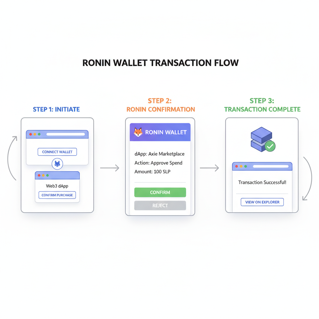 Ronin wallet UI integrated in web3 dApp, smooth transaction flow diagram