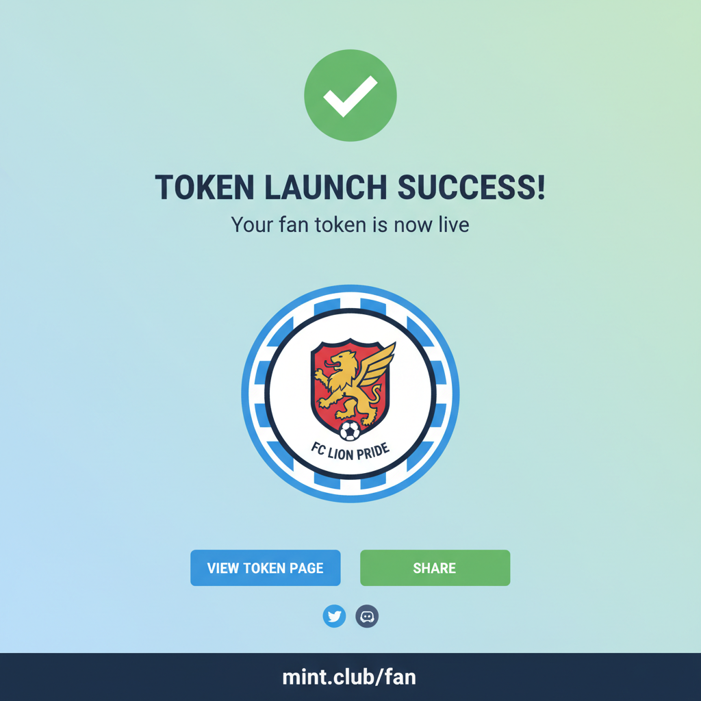 clicking create child token button on mint.club/fan, token launch success screen, soccer fan token example