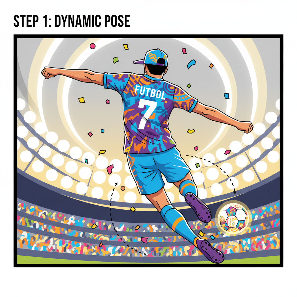 vibrant custom soccer player fan art, dynamic pose, stadium lights, high energy, digital illustration