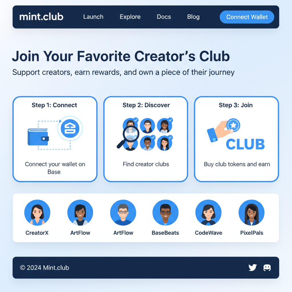 screenshot of mint.club/fan homepage, connect wallet button, Base blockchain theme, clean UI
