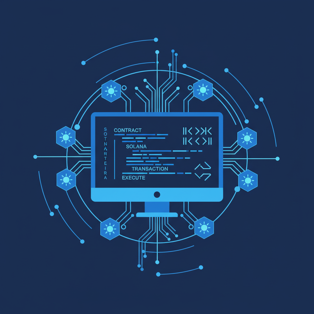 smart contract code glowing on screen, Solana blockchain nodes connecting, dynamic blue energy