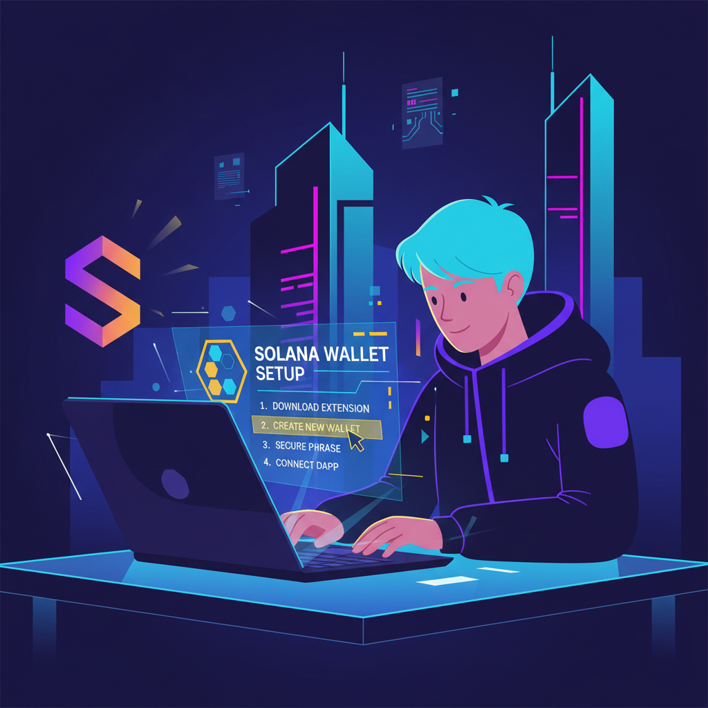 developer setting up Solana wallet on laptop, futuristic blockchain interface, energetic vibe, cyberpunk style