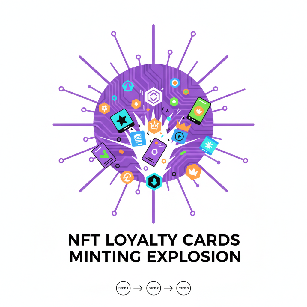 NFT loyalty cards minting explosion, colorful digital cards flying out, Solana logo background