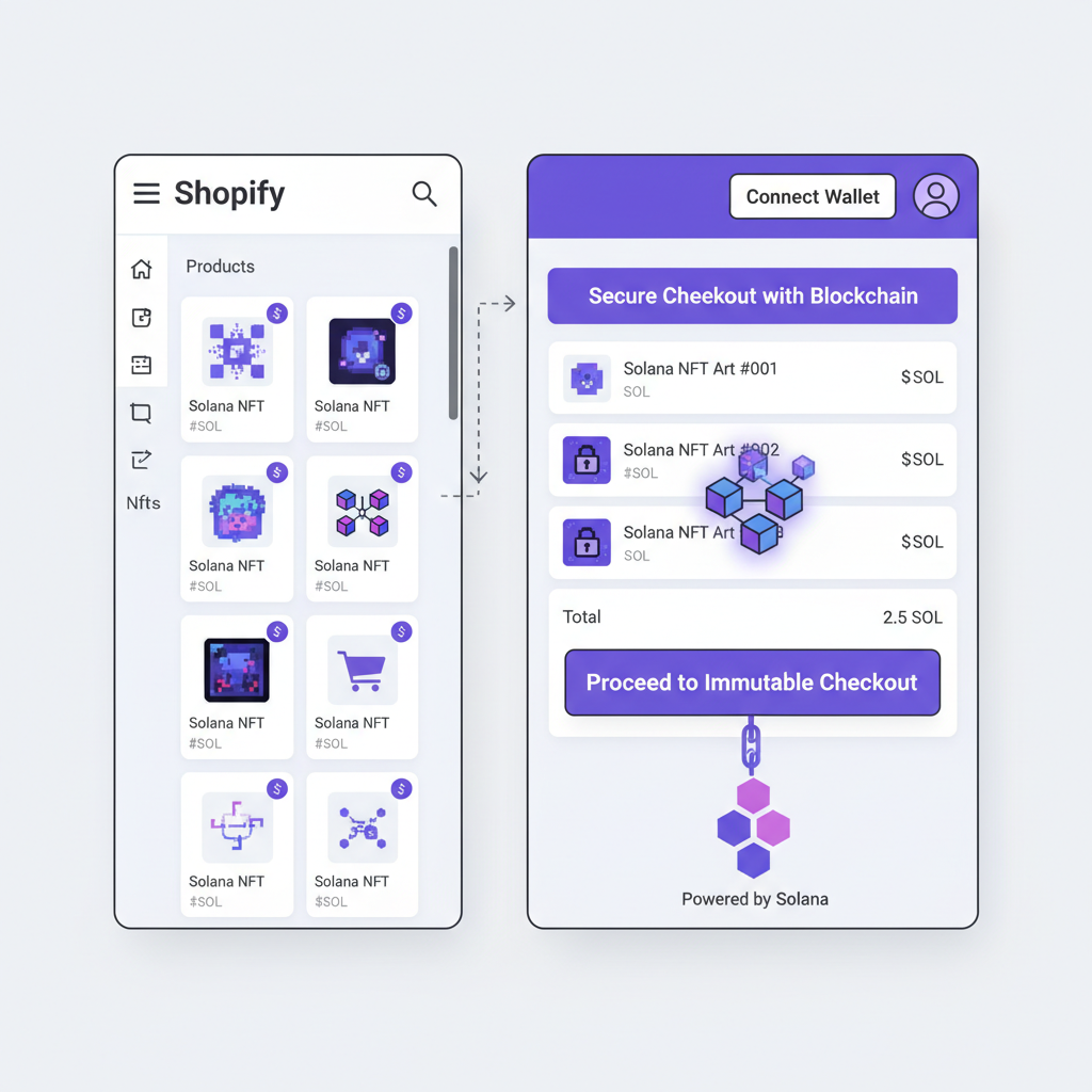 Shopify dashboard integrating Solana NFTs, shopping cart with blockchain locks, vibrant e-commerce scene