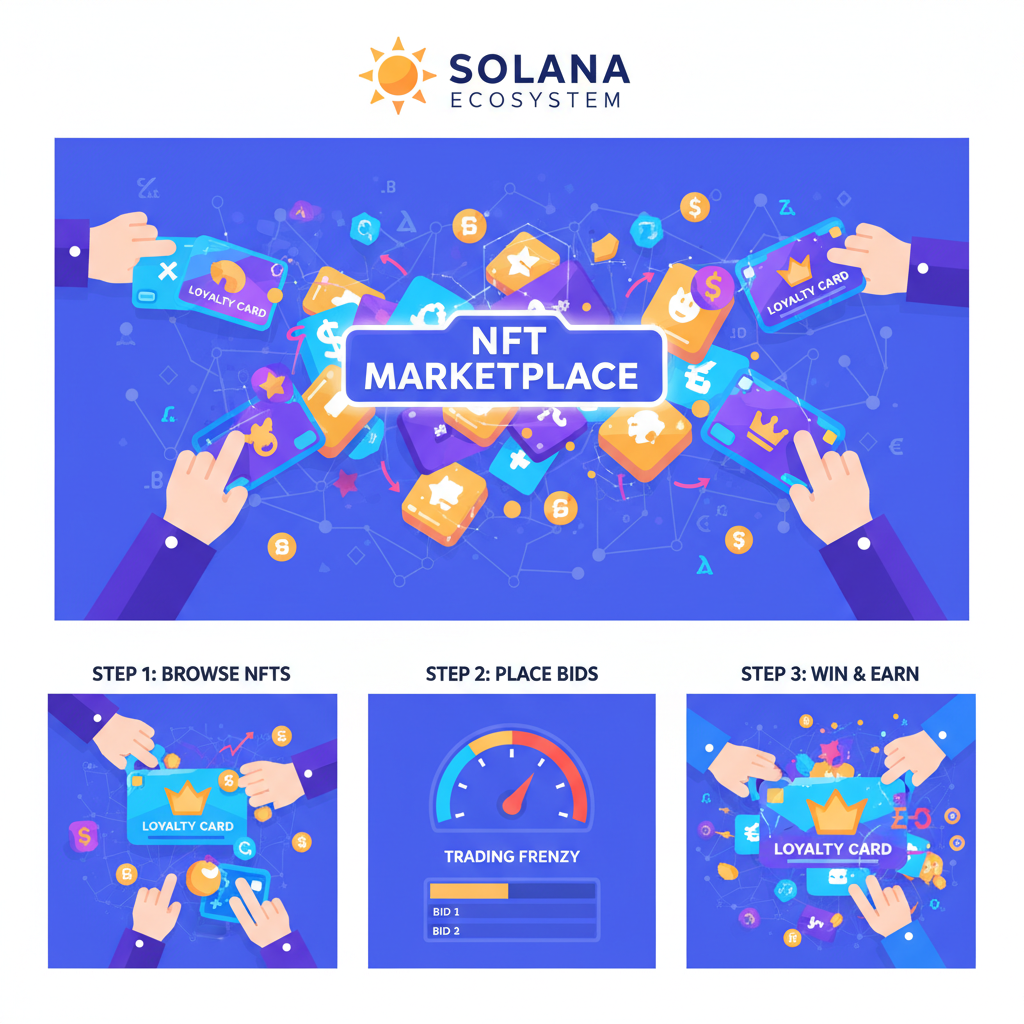 NFT marketplace trading frenzy, loyalty cards bidding war, Solana ecosystem vibrant marketplace
